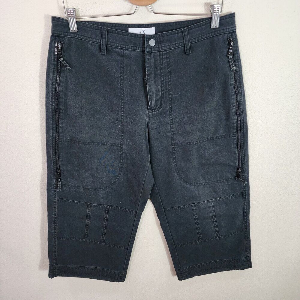 Armani Exchange Vintage 90s Wide Leg Long Shorts Black Cotton Size 32 Cargo
